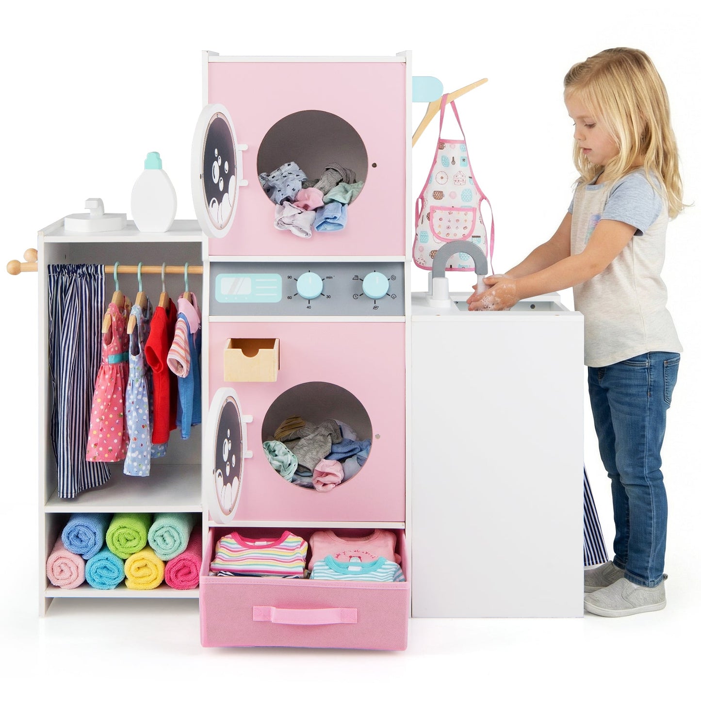 Wooden Kids Laundry Playset Pretend Toy Washing Machine with Laundry Detergent Bottle-Pink