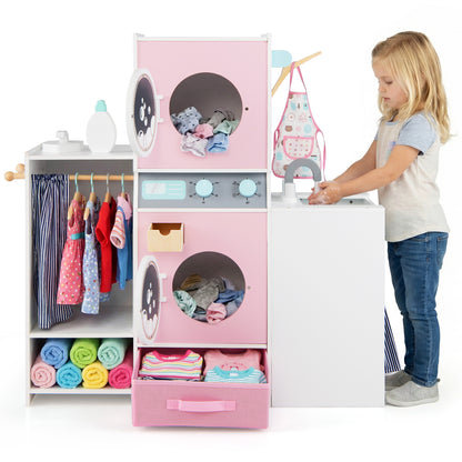 Wooden Kids Laundry Playset Pretend Toy Washing Machine with Laundry Detergent Bottle-Pink