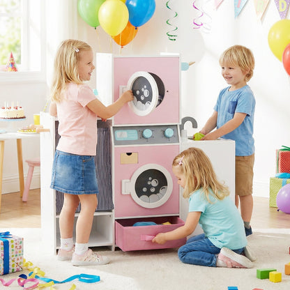 Wooden Kids Laundry Playset Pretend Toy Washing Machine with Laundry Detergent Bottle-Pink