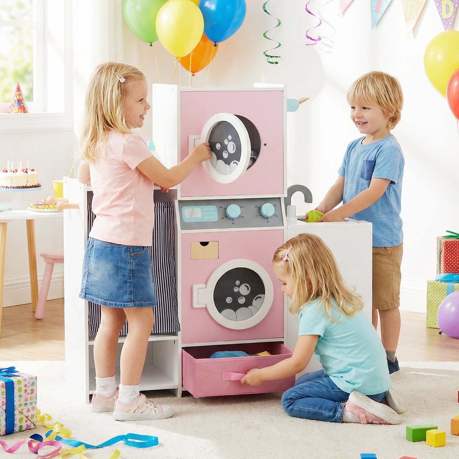 Wooden Kids Laundry Playset Pretend Toy Washing Machine with Laundry Detergent Bottle-Pink