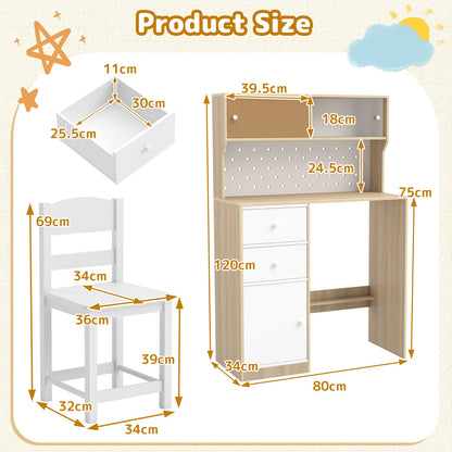 Wooden Kids Study Desk and Chair Set with 2 Cabinets and Drawers-Natural