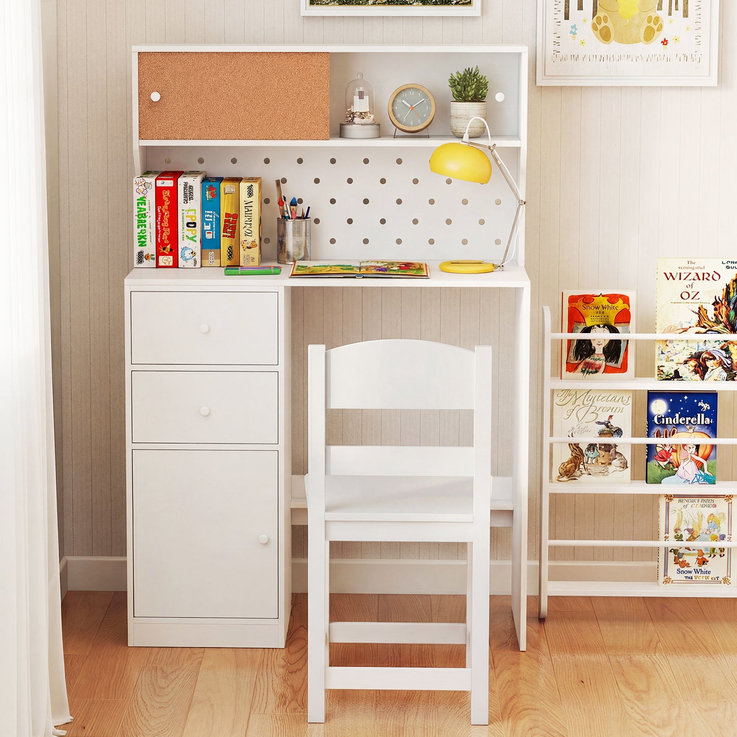 Wooden Kids Study Desk and Chair Set with 2 Cabinets and Drawers-White