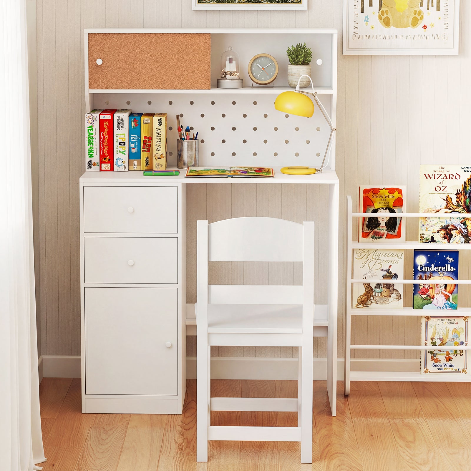 Wooden Kids Study Desk and Chair Set with 2 Cabinets and Drawers-White