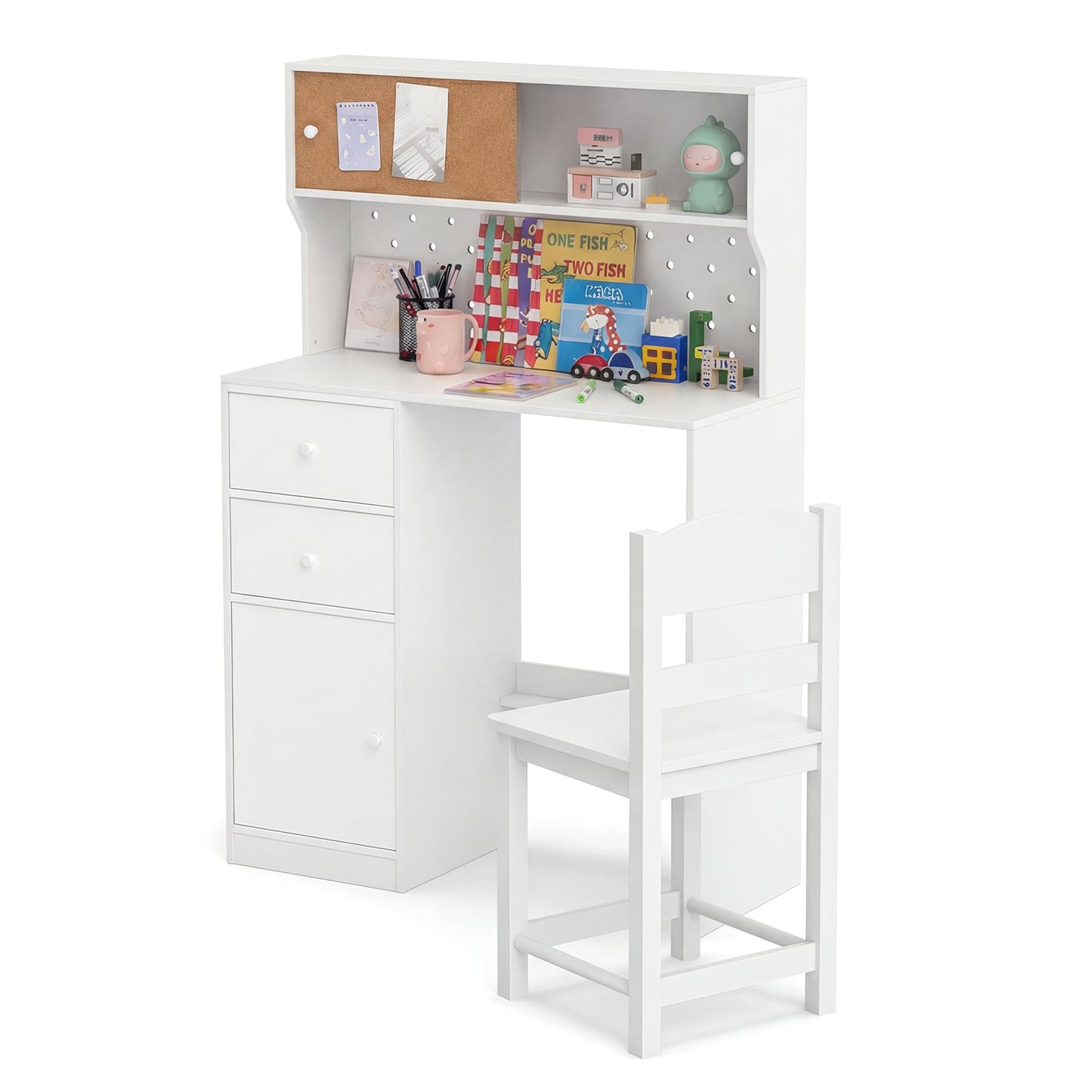 Wooden Kids Study Desk and Chair Set with 2 Cabinets and Drawers-White