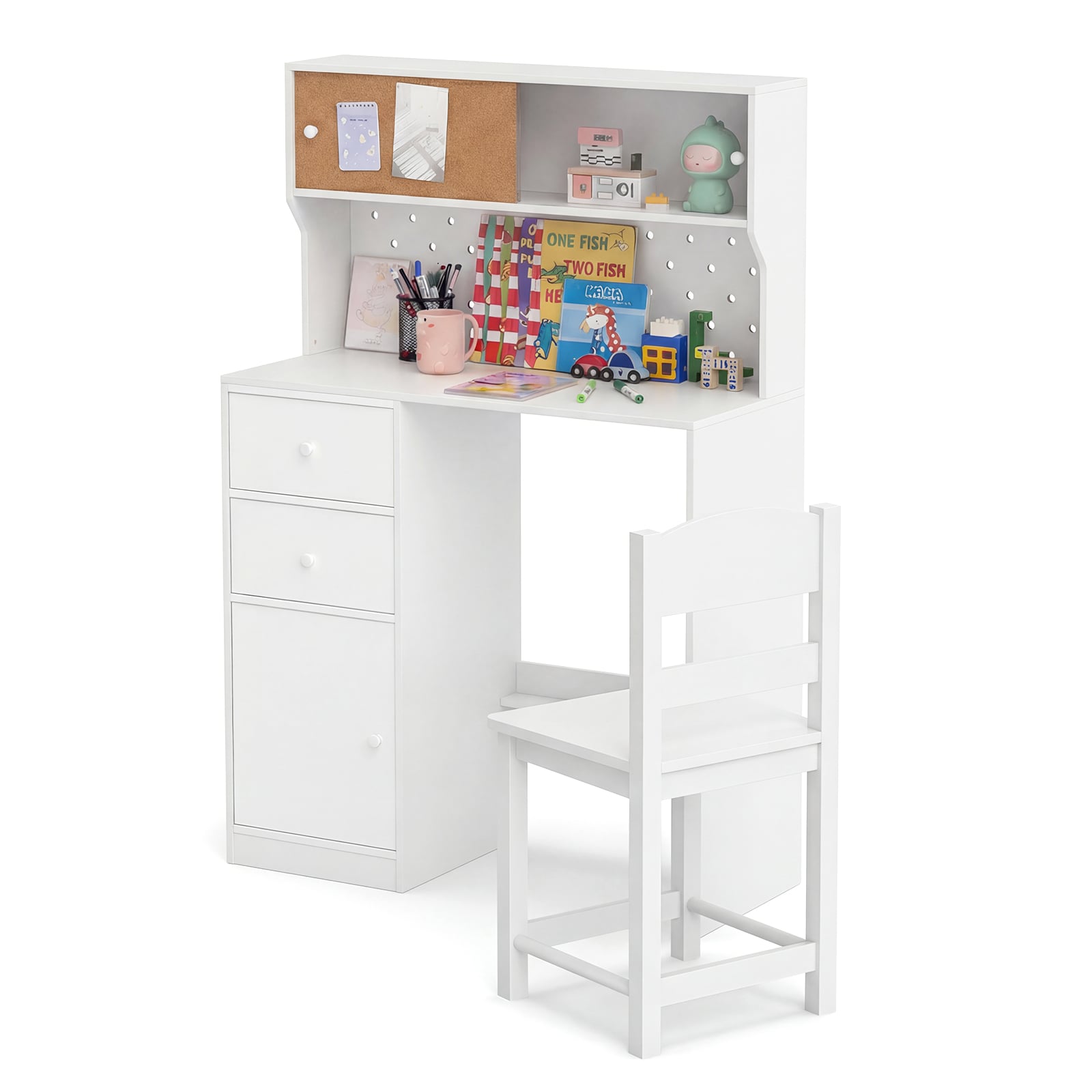 Wooden Kids Study Desk and Chair Set with 2 Cabinets and Drawers-White
