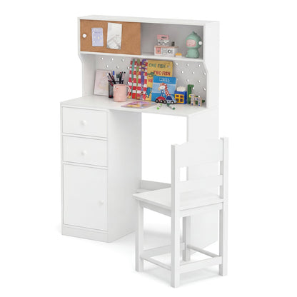 Wooden Kids Study Desk and Chair Set with 2 Cabinets and Drawers-White