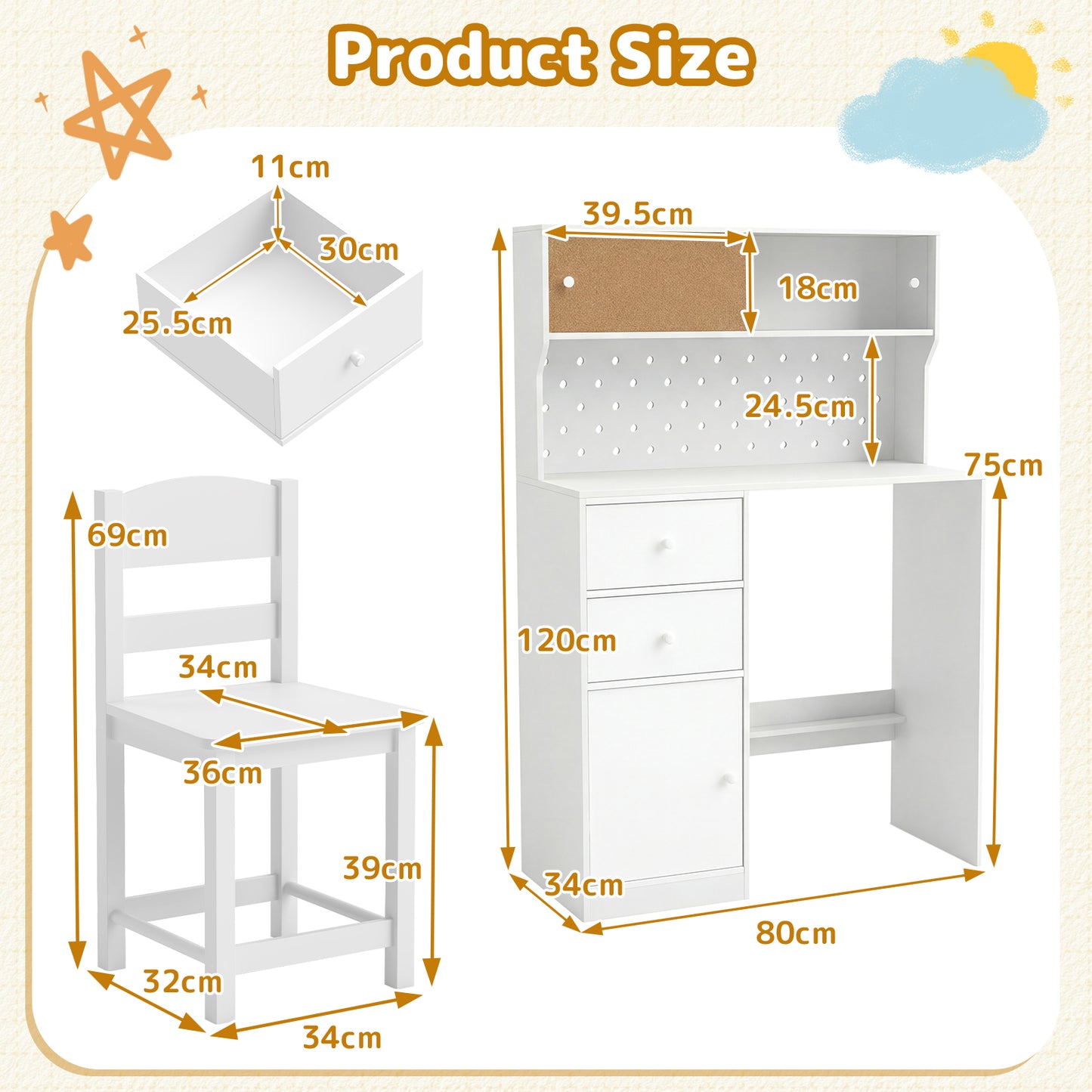 Wooden Kids Study Desk and Chair Set with 2 Cabinets and Drawers-White