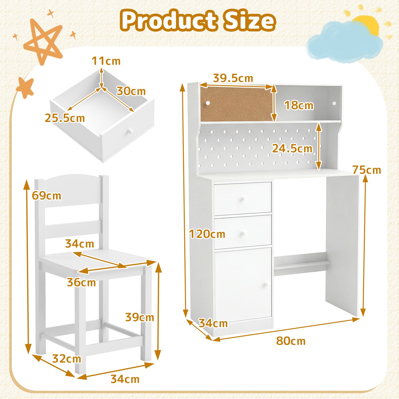 Wooden Kids Study Desk and Chair Set with 2 Cabinets and Drawers-White
