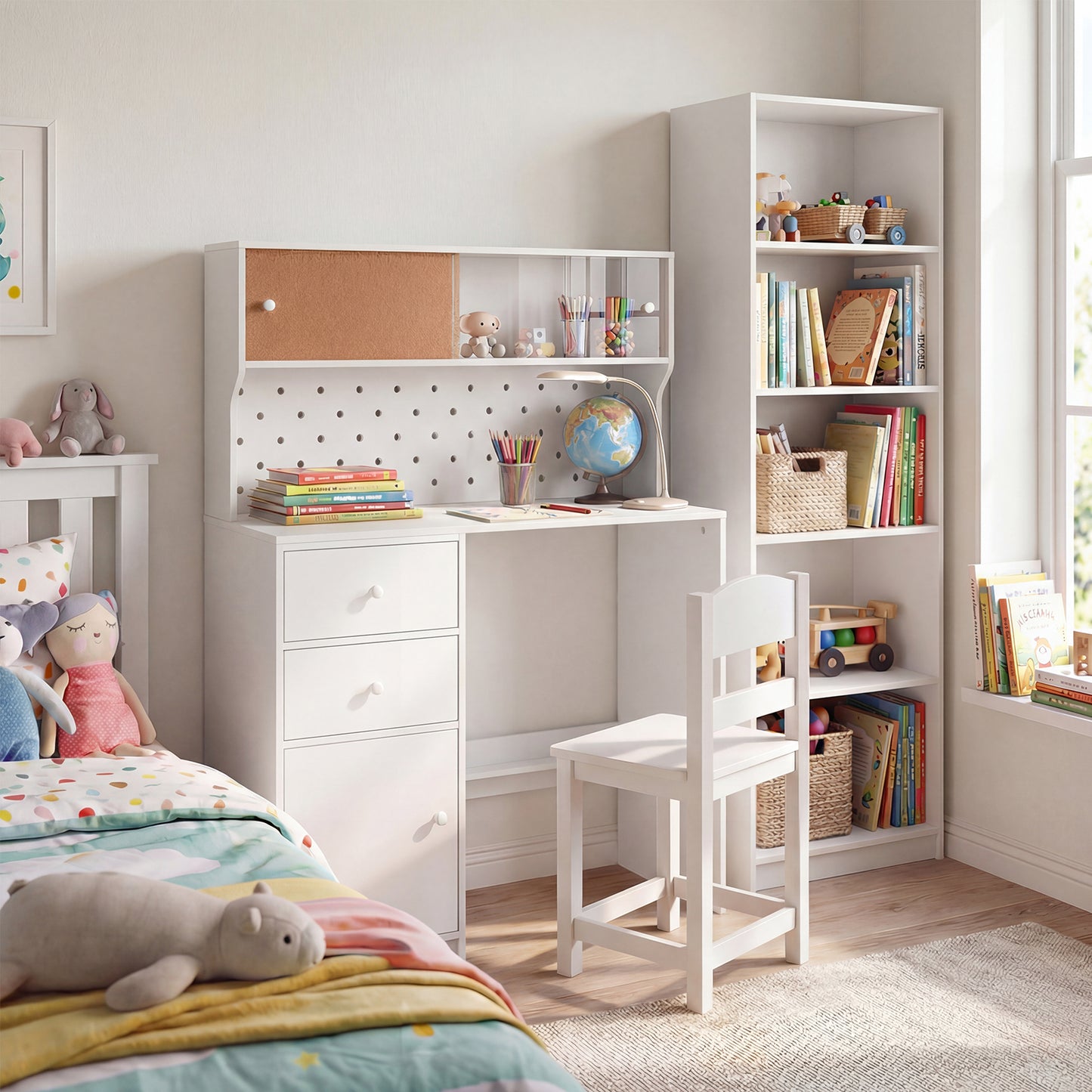 Wooden Kids Study Desk and Chair Set with 2 Cabinets and Drawers-White