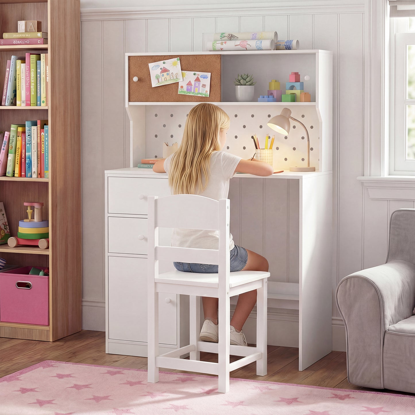 Wooden Kids Study Desk and Chair Set with 2 Cabinets and Drawers-White