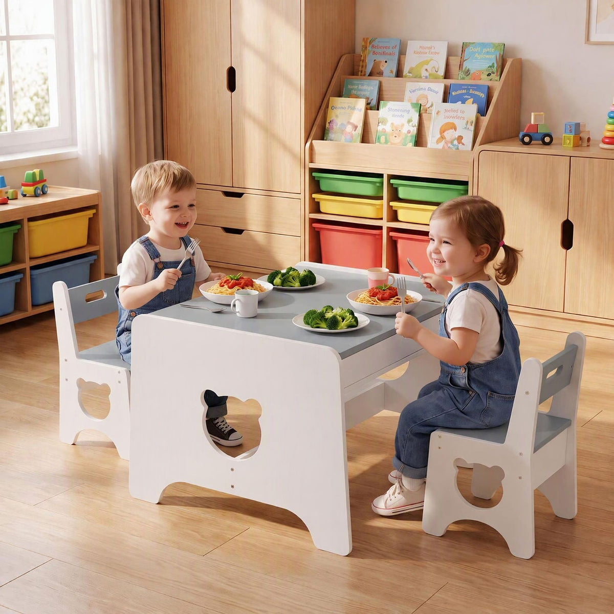 Wooden Kids Table and 2 Chair Set Ages 3-6 Bear-Themed Toddler Activity Desk-Grey