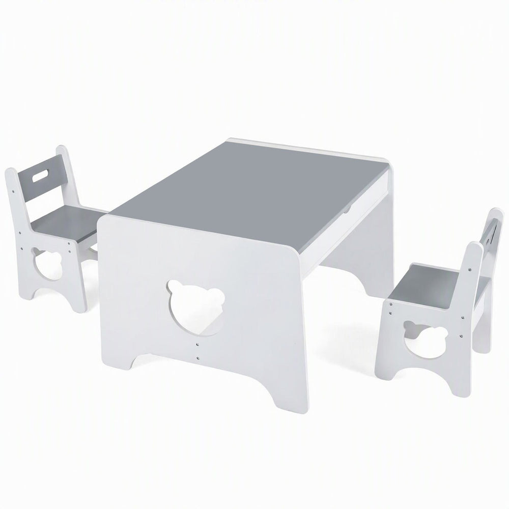 Wooden Kids Table and 2 Chair Set Ages 3-6 Bear-Themed Toddler Activity Desk-Grey