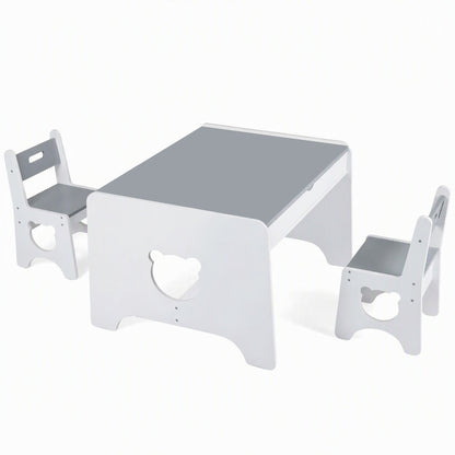 Wooden Kids Table and 2 Chair Set Ages 3-6 Bear-Themed Toddler Activity Desk-Grey