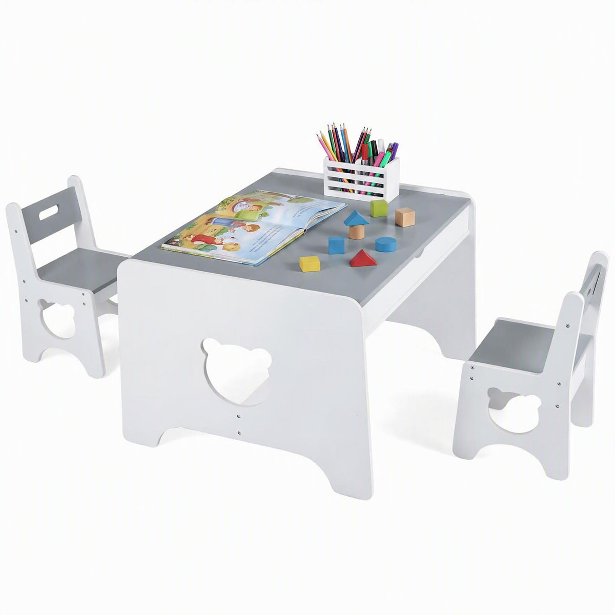 Wooden Kids Table and 2 Chair Set Ages 3-6 Bear-Themed Toddler Activity Desk-Grey