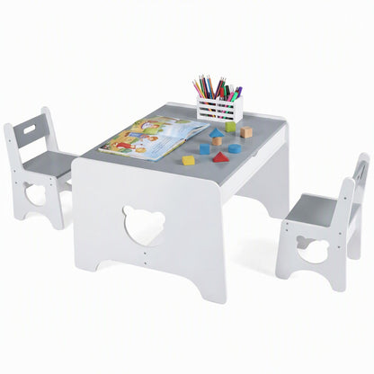 Wooden Kids Table and 2 Chair Set Ages 3-6 Bear-Themed Toddler Activity Desk-Grey