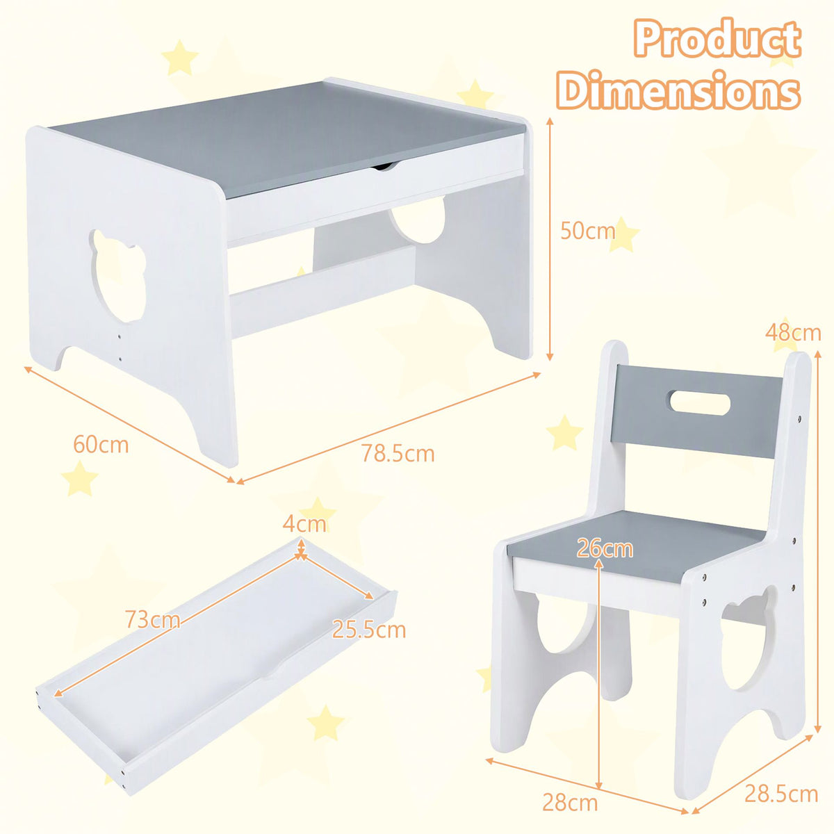 Wooden Kids Table and 2 Chair Set Ages 3-6 Bear-Themed Toddler Activity Desk-Grey