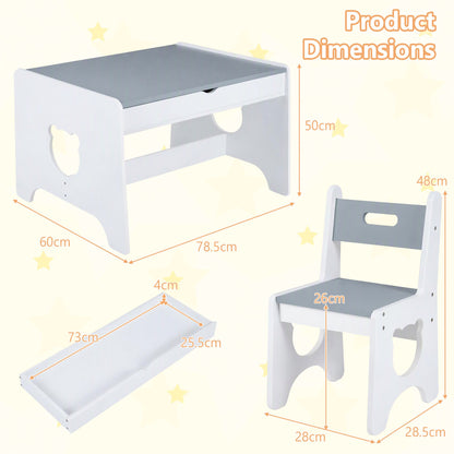 Wooden Kids Table and 2 Chair Set Ages 3-6 Bear-Themed Toddler Activity Desk-Grey