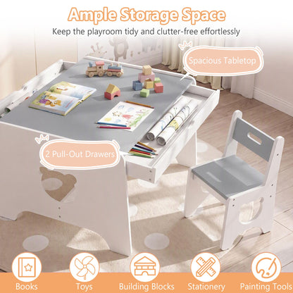 Wooden Kids Table and 2 Chair Set Ages 3-6 Bear-Themed Toddler Activity Desk-Grey