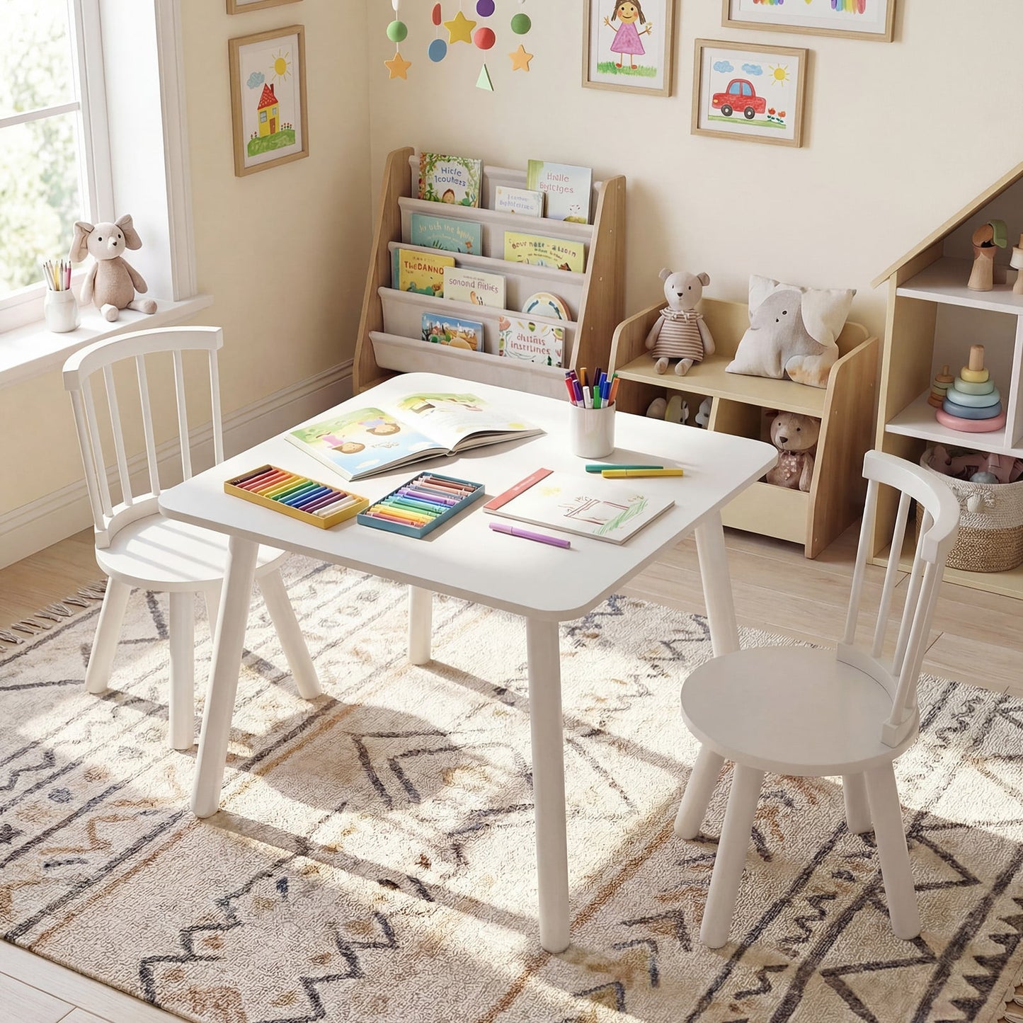 Wooden Kids Table and 2 Chairs Set with Curved Spindle Backrests-White