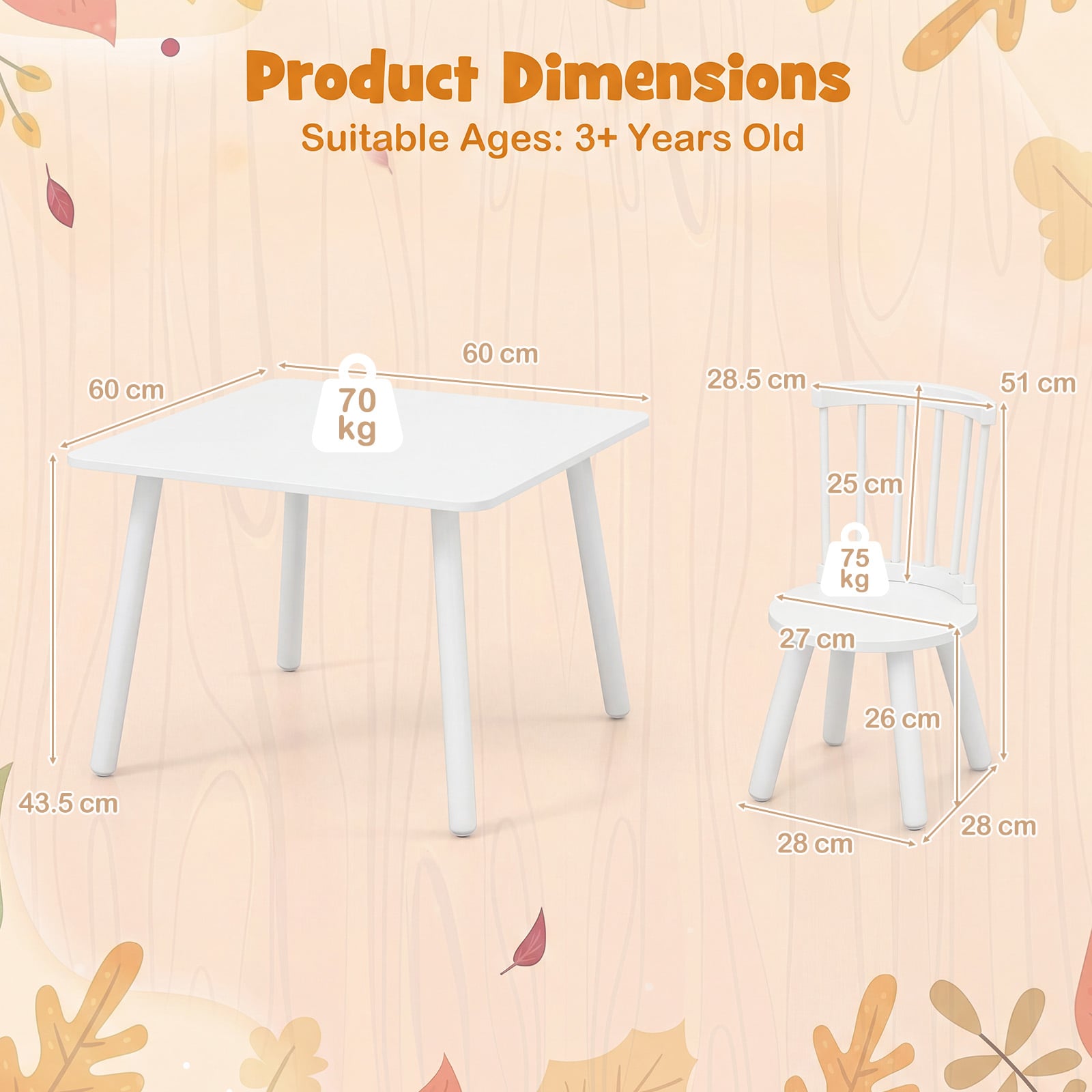 Wooden Kids Table and 2 Chairs Set with Curved Spindle Backrests-White