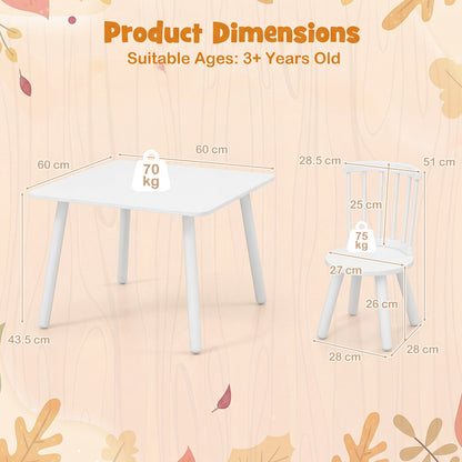 Wooden Kids Table and 2 Chairs Set with Curved Spindle Backrests-White