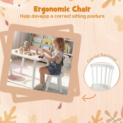 Wooden Kids Table and 2 Chairs Set with Curved Spindle Backrests-White