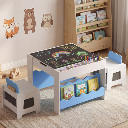 Wooden Kids Table and Chairs Set with Double-sided Tabletop and Small Compartments-Blue