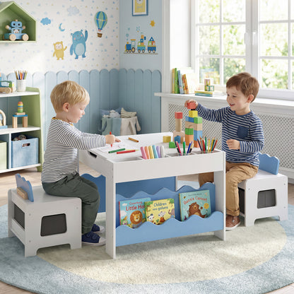 Wooden Kids Table and Chairs Set with Double-sided Tabletop and Small Compartments-Blue