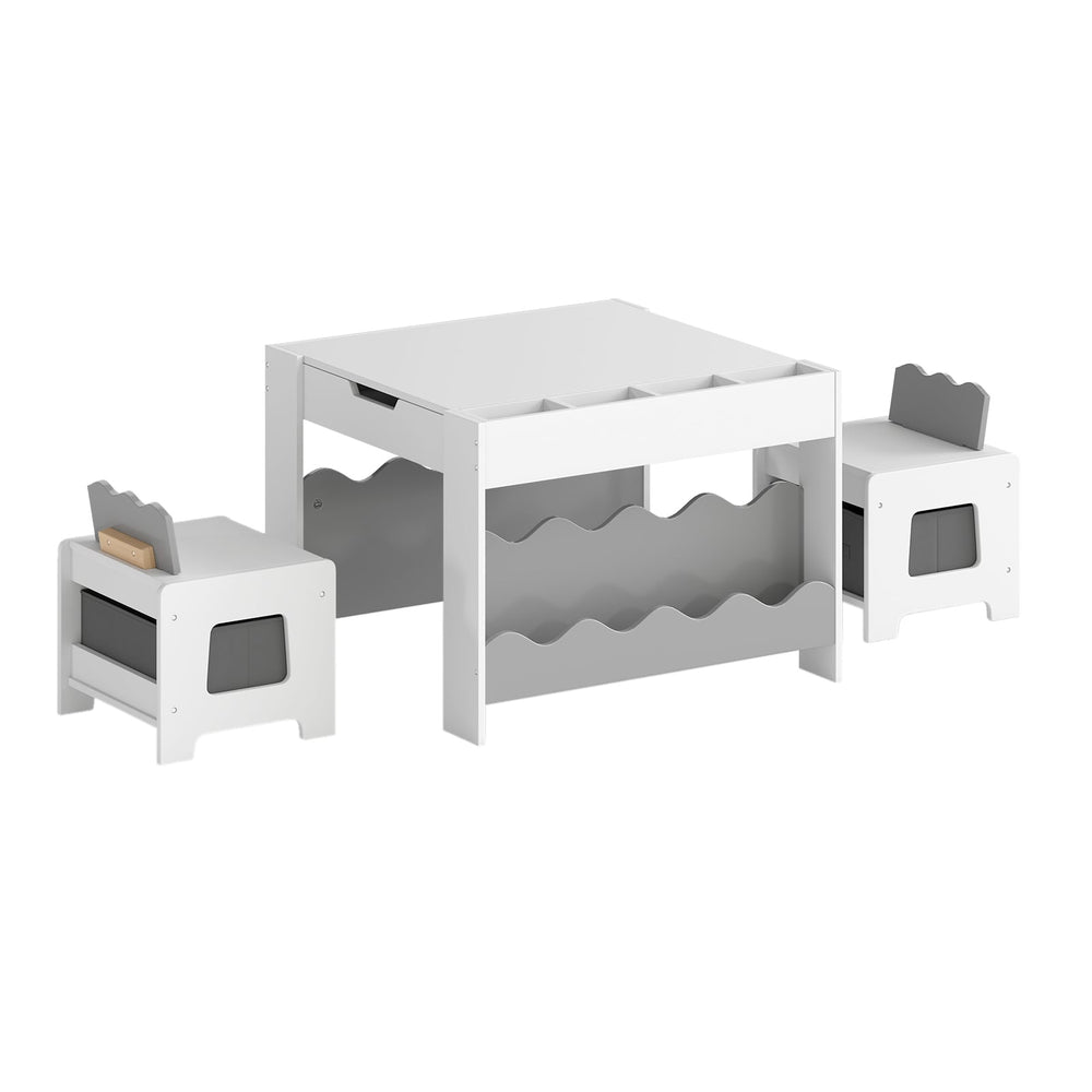 Wooden Kids Table and Chairs Set with Double-sided Tabletop and Small Compartments-Grey