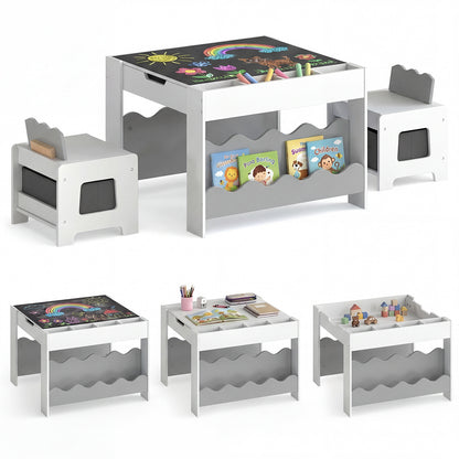 Wooden Kids Table and Chairs Set with Double-sided Tabletop and Small Compartments-Grey