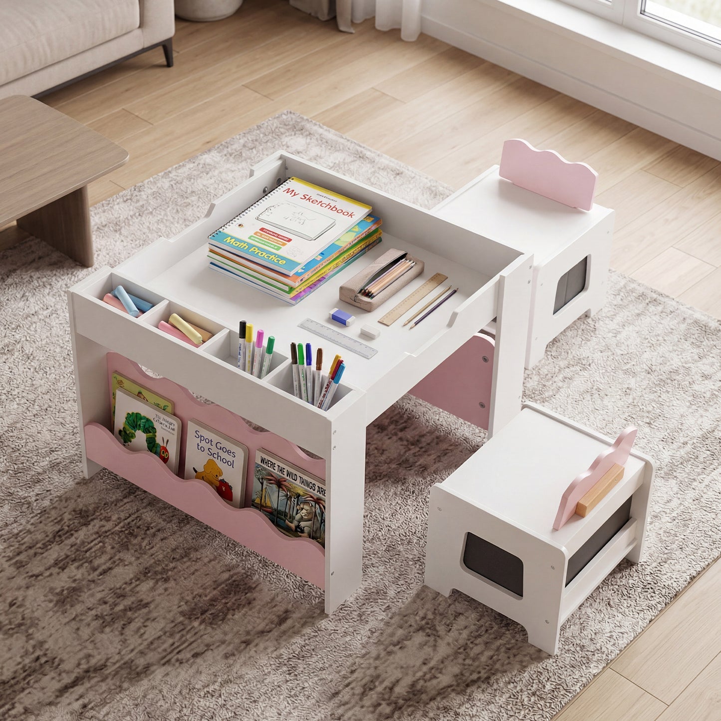 Wooden Kids Table and Chairs Set with Double-sided Tabletop and Small Compartments-Pink