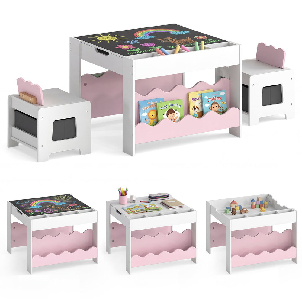 Wooden Kids Table and Chairs Set with Double-sided Tabletop and Small Compartments-Pink
