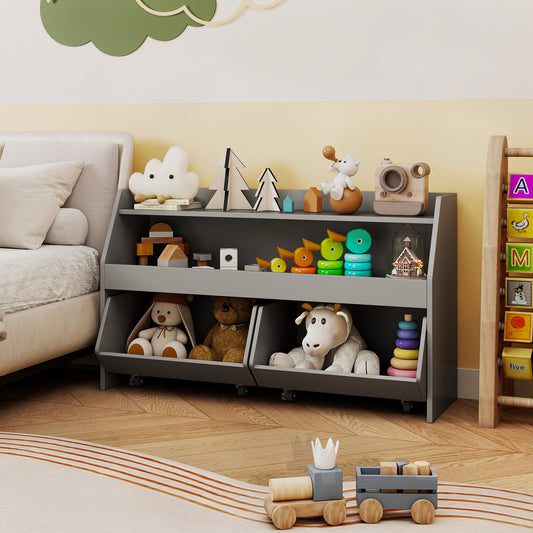 Wooden Kids Toy Storage Box with 2 Movable Drawers and Anti-toppling Kit-Grey