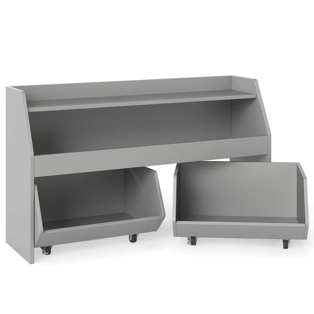 Wooden Kids Toy Storage Box with 2 Movable Drawers and Anti-toppling Kit-Grey