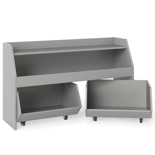 Wooden Kids Toy Storage Box with 2 Movable Drawers and Anti-toppling Kit-Grey