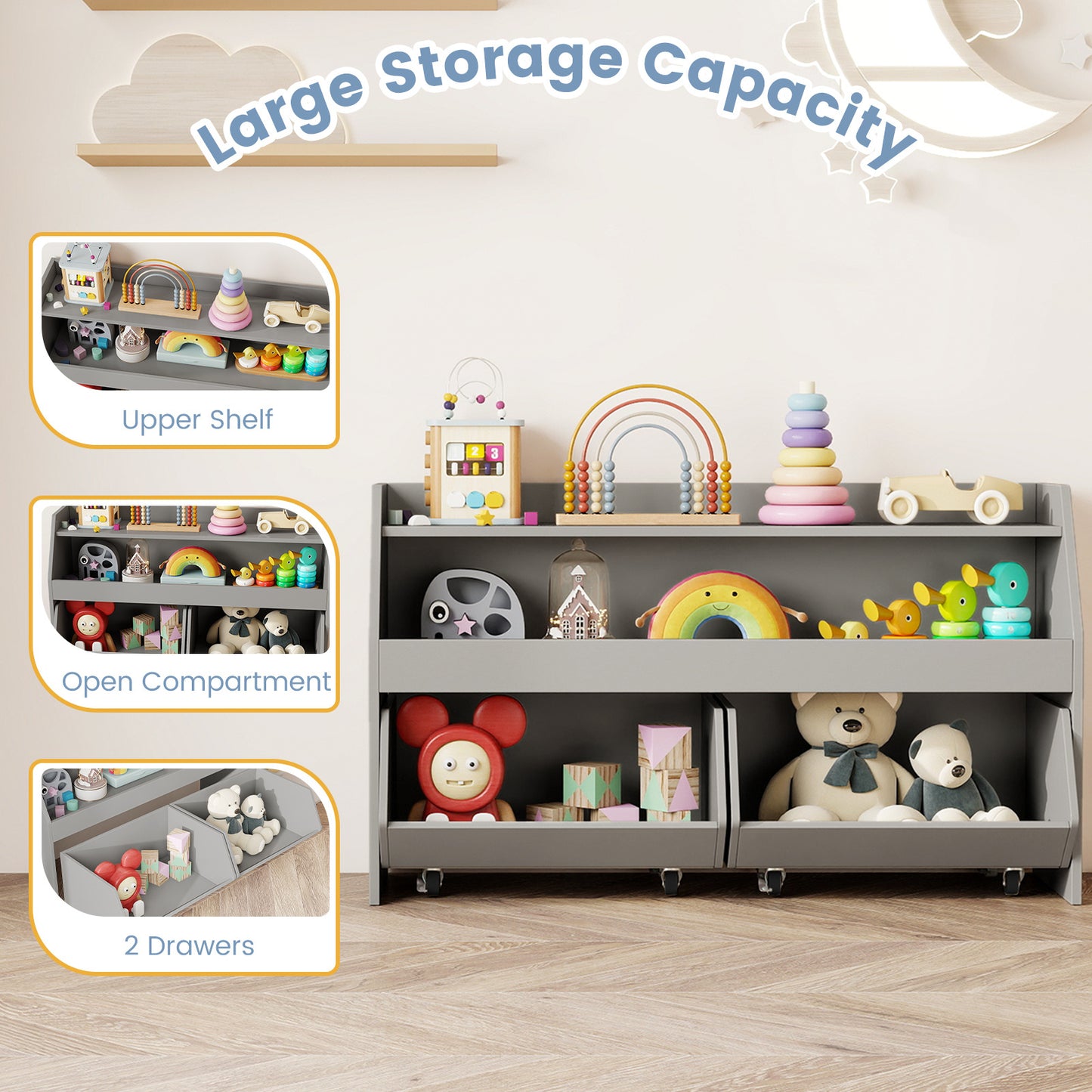 Wooden Kids Toy Storage Box with 2 Movable Drawers and Anti-toppling Kit-Grey