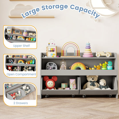 Wooden Kids Toy Storage Box with 2 Movable Drawers and Anti-toppling Kit-Grey