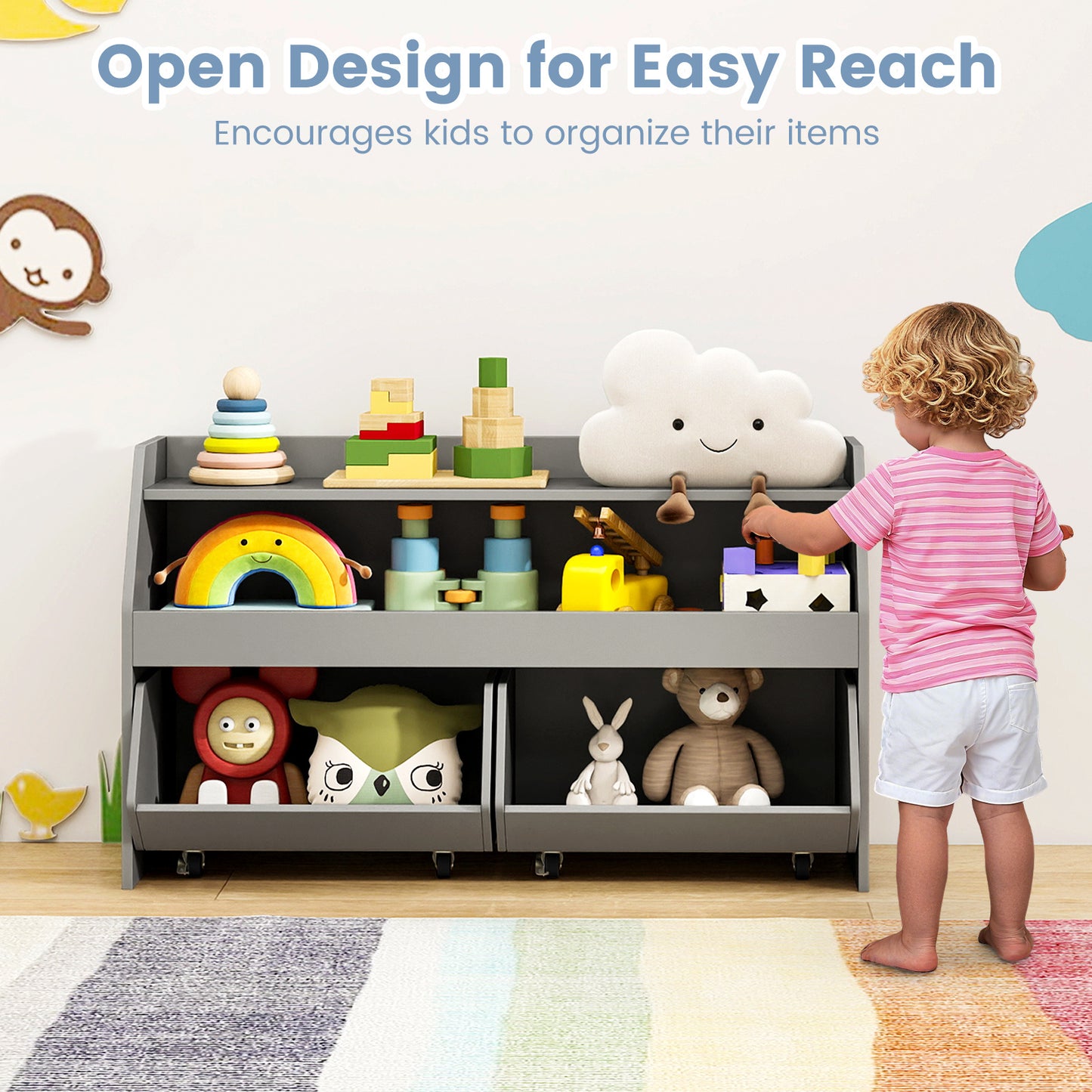 Wooden Kids Toy Storage Box with 2 Movable Drawers and Anti-toppling Kit-Grey