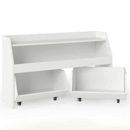 Wooden Kids Toy Storage Box with 2 Movable Drawers and Anti-toppling Kit-White