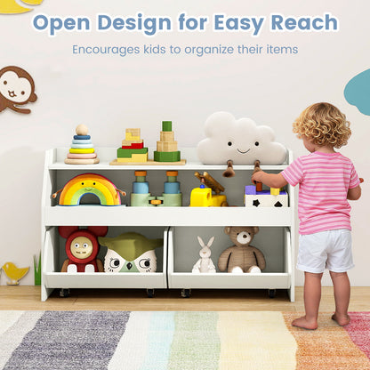 Wooden Kids Toy Storage Box with 2 Movable Drawers and Anti-toppling Kit-White
