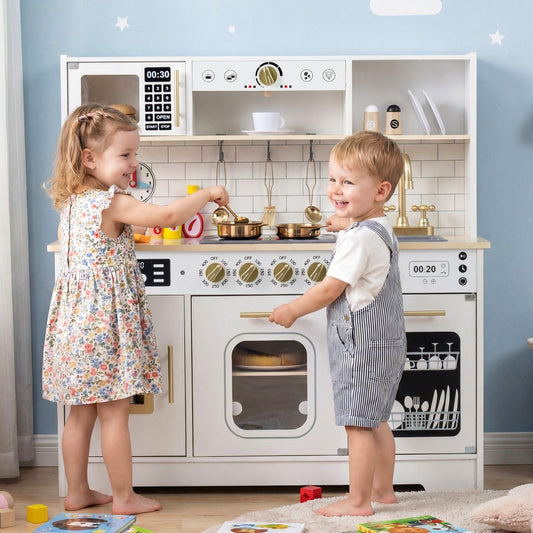 Wooden Kitchen Playset with Realistic Lights and Sounds-White