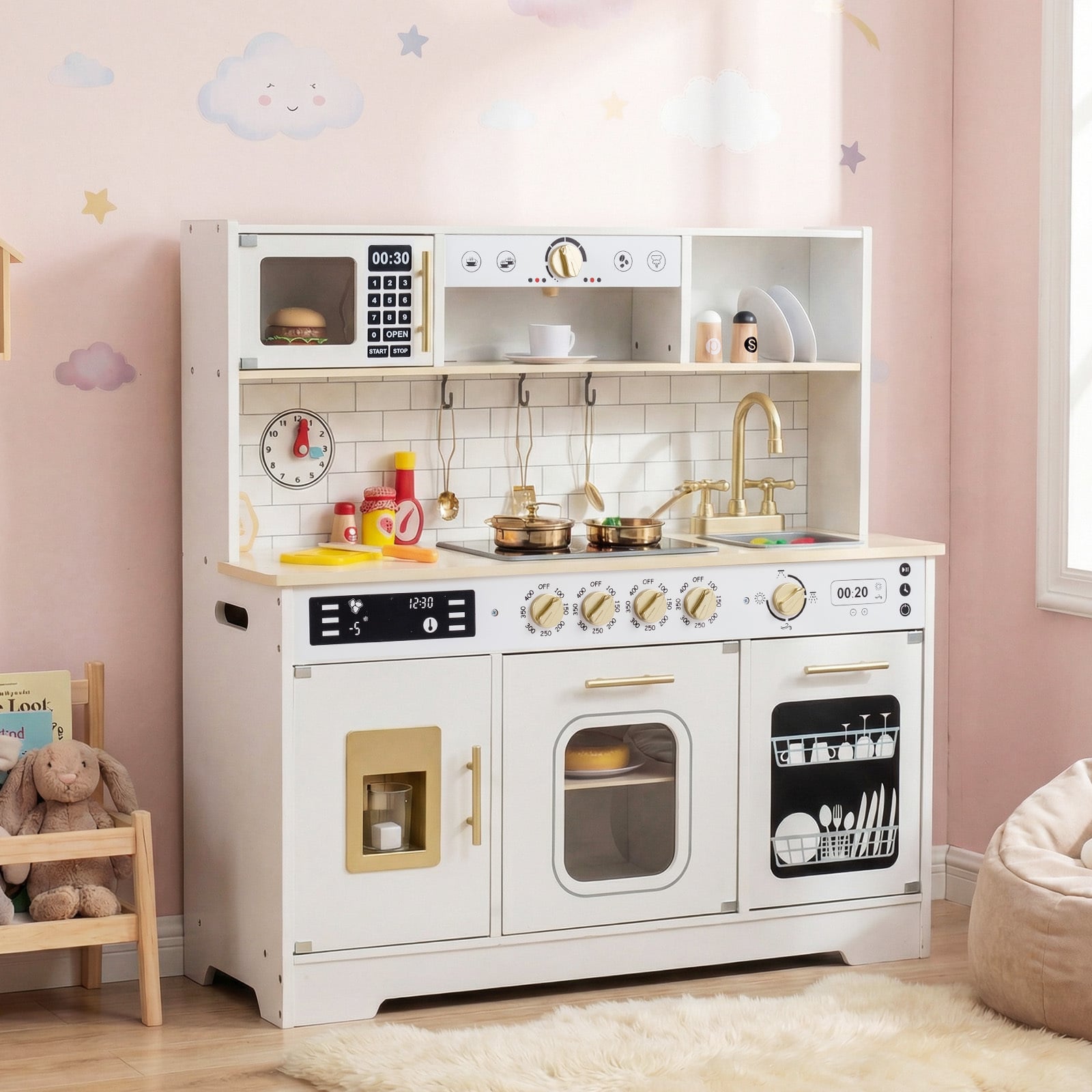 Wooden Kitchen Playset with Realistic Lights and Sounds-White