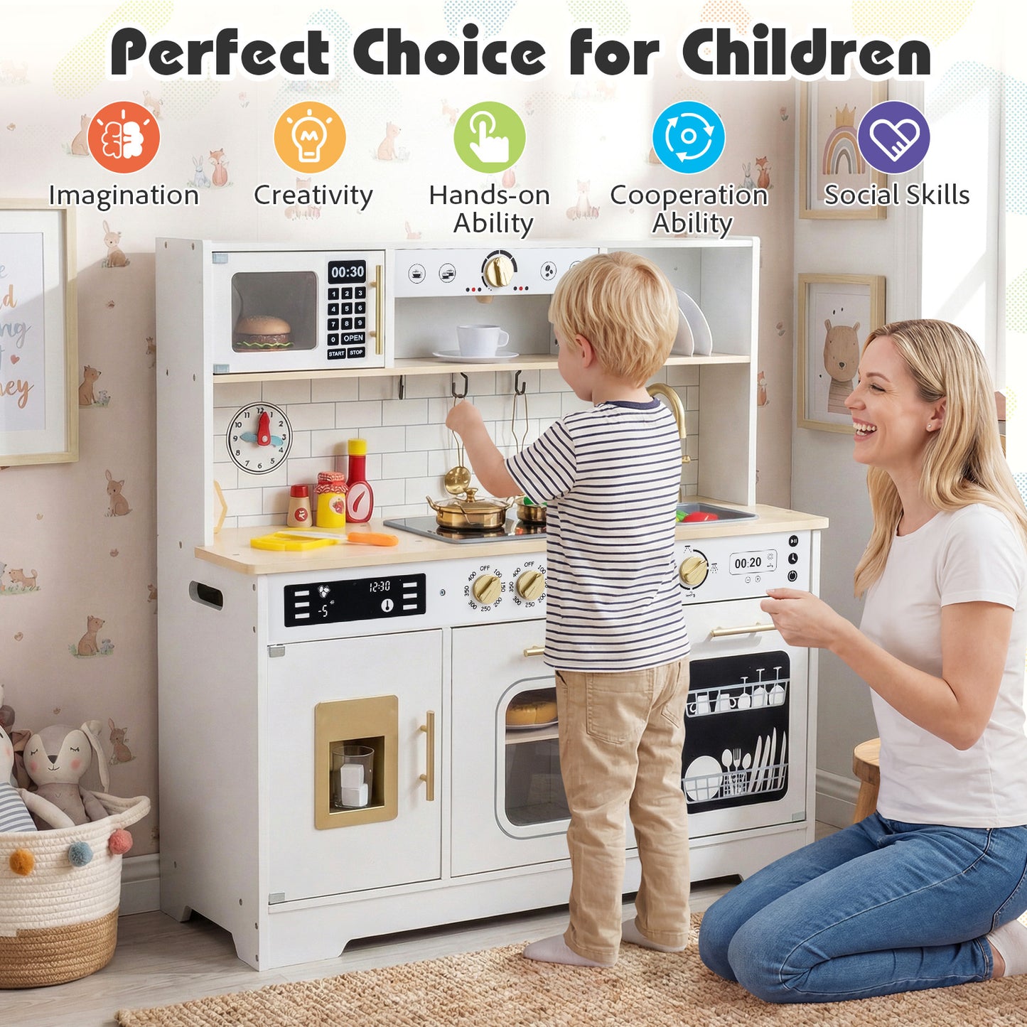 Wooden Kitchen Playset with Realistic Lights and Sounds-White