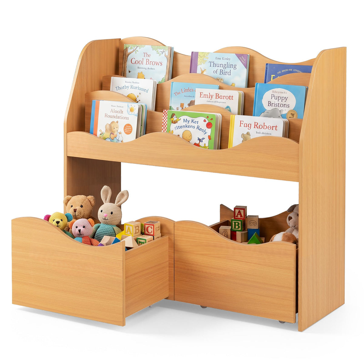 Wooden Montessori Bookshelf with 2 Rolling Drawers for Kids Room and Nursery-Natural