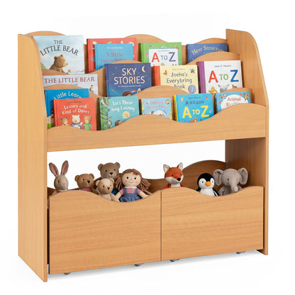 Wooden Montessori Bookshelf with 2 Rolling Drawers for Kids Room and Nursery-Natural