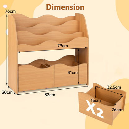 Wooden Montessori Bookshelf with 2 Rolling Drawers for Kids Room and Nursery-Natural