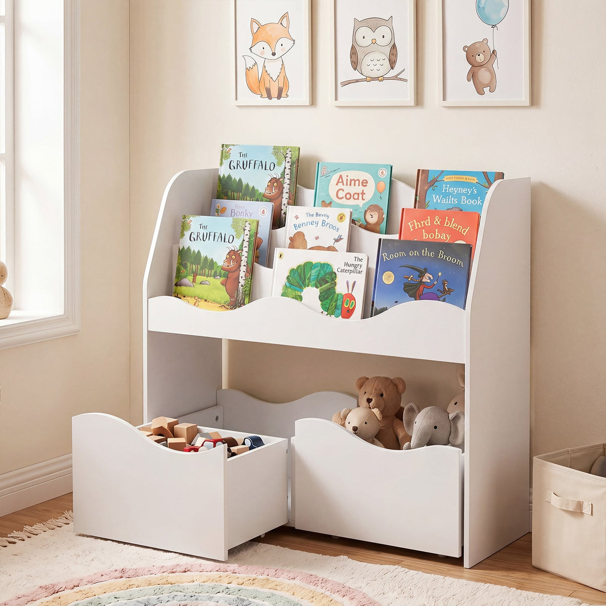 Wooden Montessori Bookshelf with 2 Rolling Drawers for Kids Room and Nursery-White