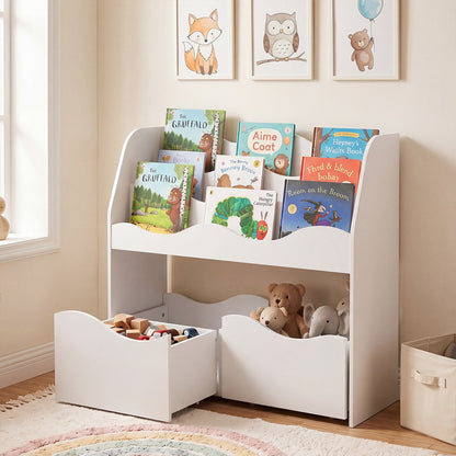 Wooden Montessori Bookshelf with 2 Rolling Drawers for Kids Room and Nursery-White