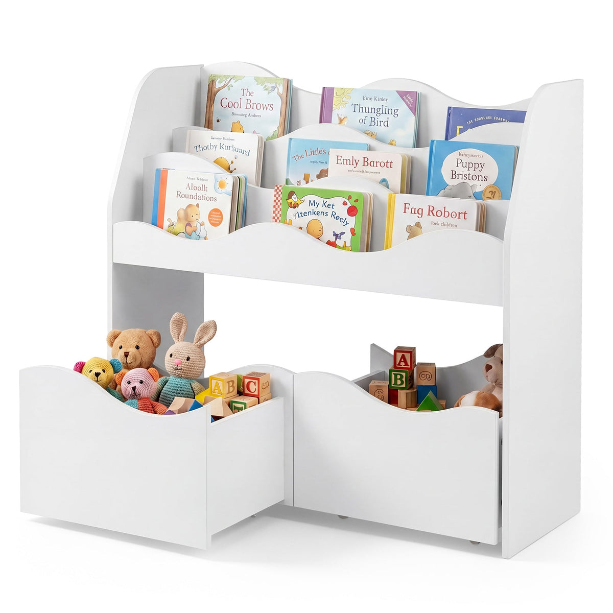 Wooden Montessori Bookshelf with 2 Rolling Drawers for Kids Room and Nursery-White