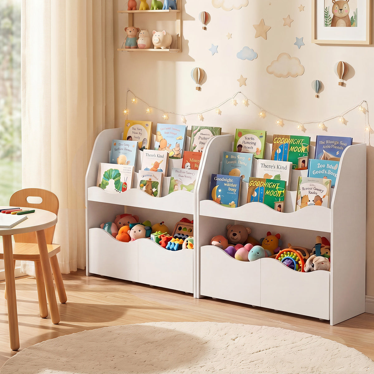 Wooden Montessori Bookshelf with 2 Rolling Drawers for Kids Room and Nursery-White
